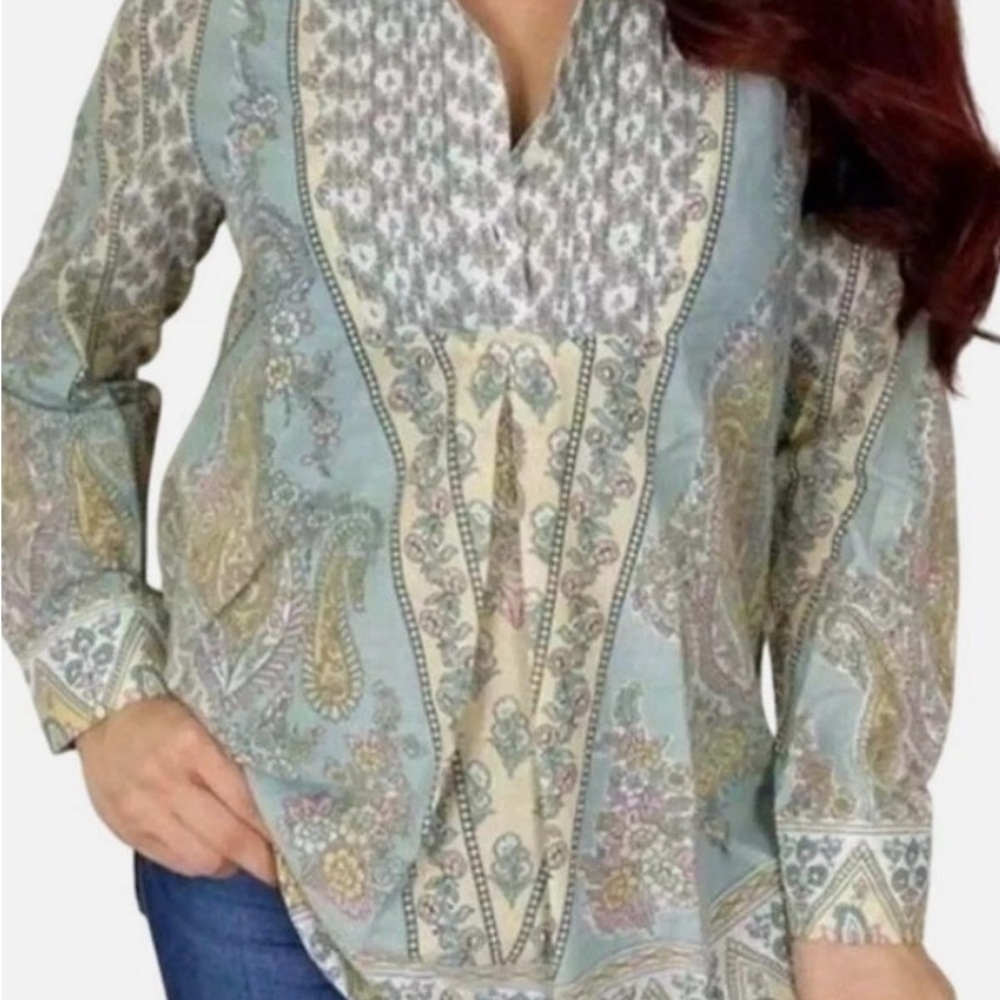 Tabitha-Soft Surroundings blue tunic with paisley design